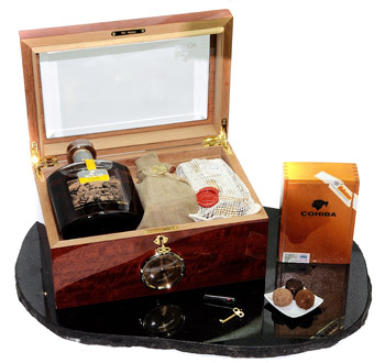 Подарочный набор - хьюмидор с коньяком, сигарами, кофе и трюфелем из бельгийского шоколада на основе табачного листа, коньяка и кофейного зерна